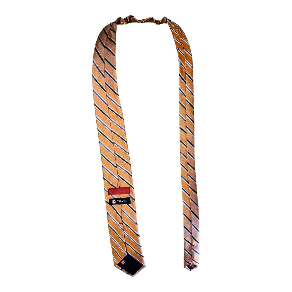 Chaps Mens Silk Necktie‎ Orange Navy Blue White Diagonal Striped Hand Made Tie